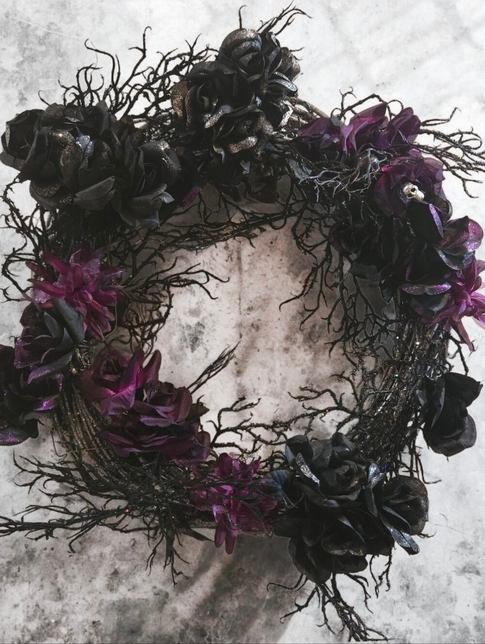 Halloween Black/ Purple/Silver Shimmer Rose/Skull Wreath Door Decor~Artificial